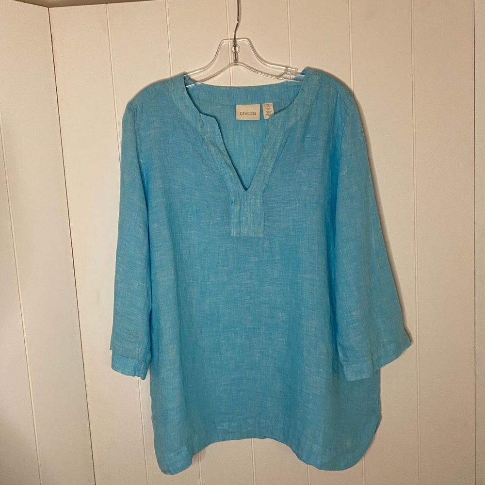 Chico's Womens Blouse Tunic V Neckline Quarter Sleeve Aqua Blue Large
